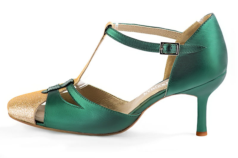 Gold and emerald green women's T-strap open side shoes. Round toe. High slim heel. Profile view - Florence KOOIJMAN